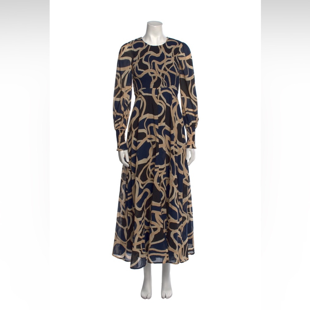 Elegant Navy Beige Pattern bird & knoll sunset maxi cotton dress fit xs/small - Picture 4 of 10